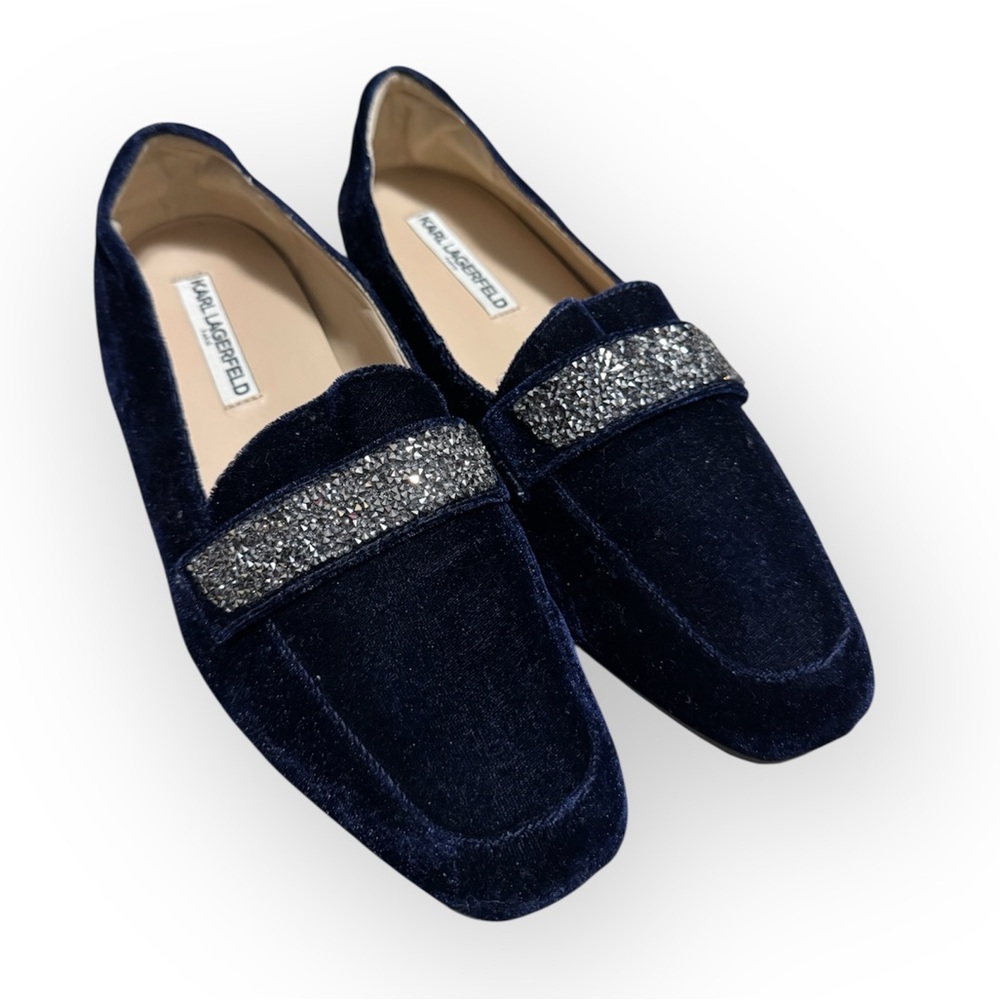KARL LAGERFELD Women's Quincy Loafers Navy Blue Suede Rhinestone Flats, Sz. 9.5